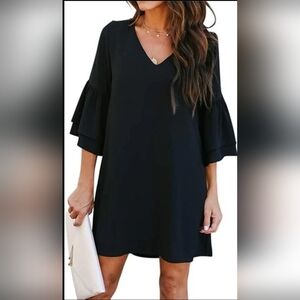 New Double Frill Sleeve Vneck black summer Mini Dress New Sz.M